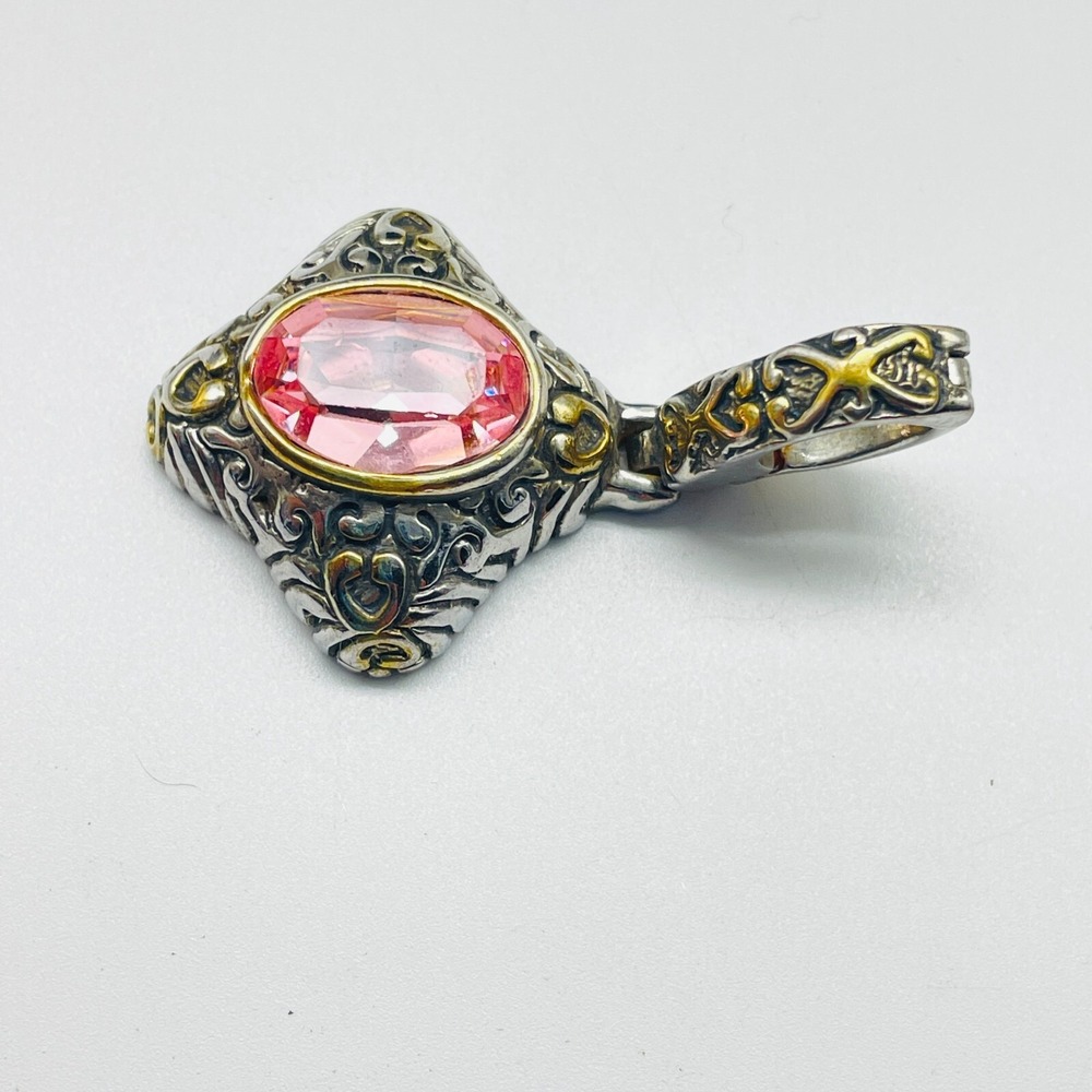 Signed John Candice Pink Crystal Pendant Silver Tone Filigree Vintage Charm Gift - Picture 2 of 7